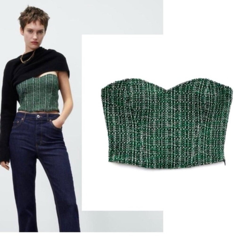 Zara green tweed bustier corset sweetheart neckline crop top Sz M NWT
